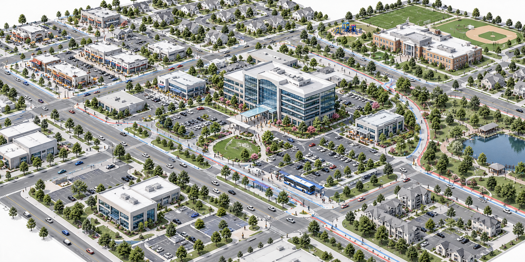 Aerial illustration of a central office building surrounded by homes, shops, a school, streets, and transit